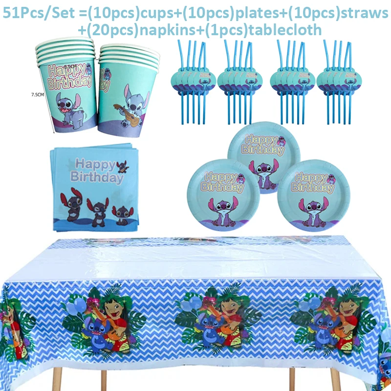 

51pcs Disney Lilo & Stitch Kids Birthday Party Decorations Blue Theme Disposable Tableware Paper Cups Plate Baby Shower Supplies