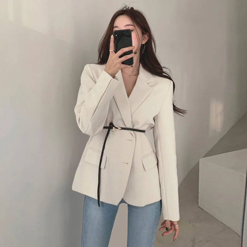 Elegant Office Blazer Suti with Free Belt 2021 New Women Solid Colors Two Buckles Casual Commute Blazer with Free Lace Up Sashes