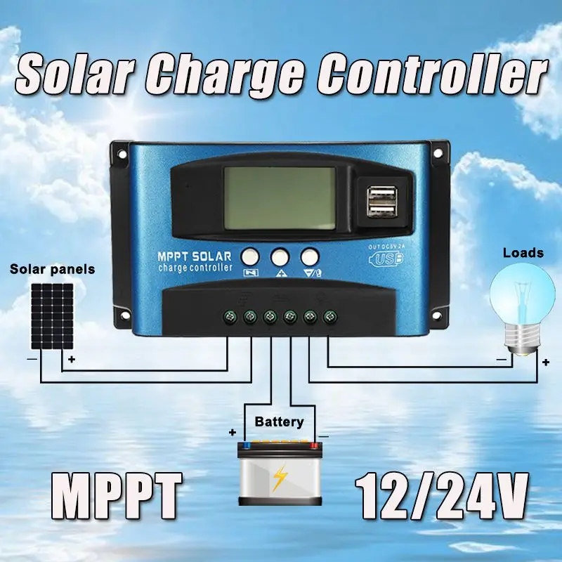 30A Mppt Контроллер заряда для фотоэлектрических систем Dual Usb ЖК Дисплей 12V 24V авто