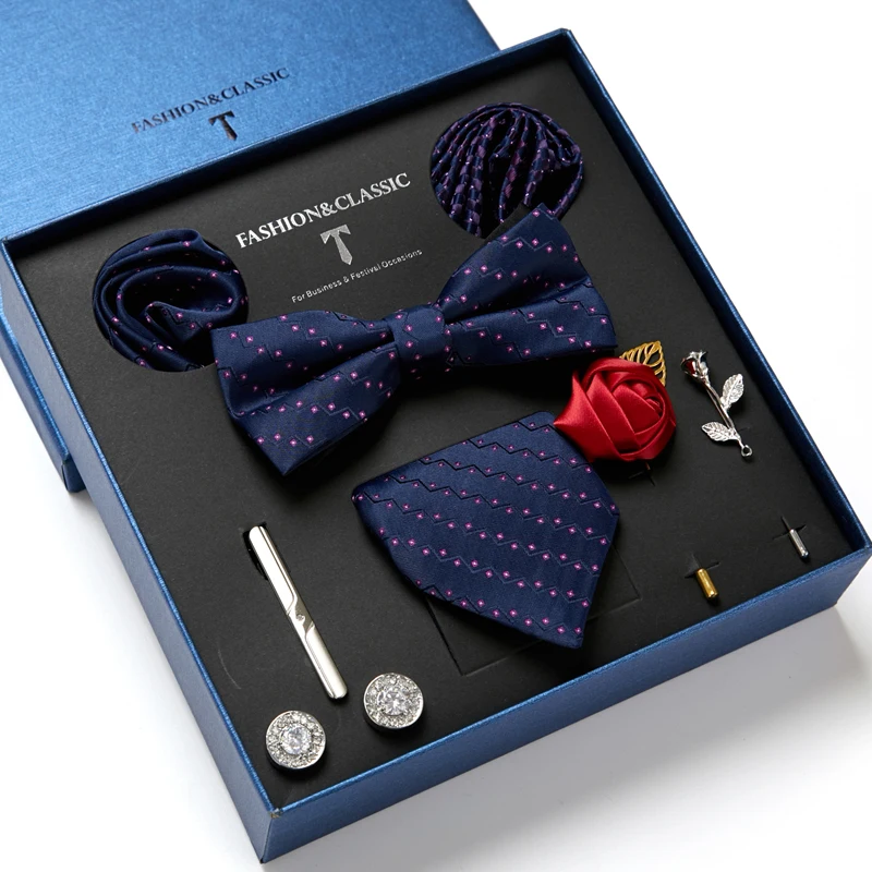 

Newest design Holiday Present Woven Tie Handkerchief Pocket Squares Cufflink Set Bow Tie Clip Necktie Box Shirt Accessories