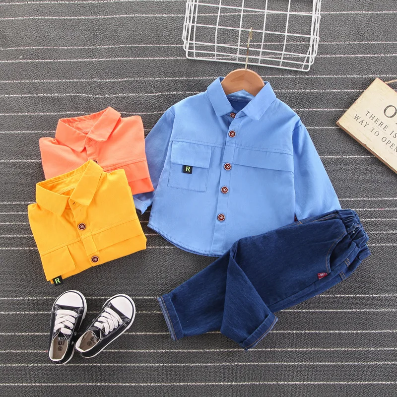 

Children's Clothing Suit 2021 Spring Autumn Baby Boys Solid Long Sleeve Shirt +Denim Pants 2-Piece Toddler Girls Fashion Clothes