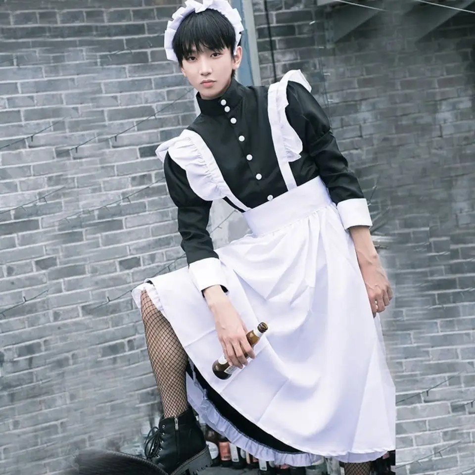 Men's Women's Maid Dress Anime Cosplay French Restaurant Long Style Costume Apron Dresses Black White Ouji Skirt | Тематическая