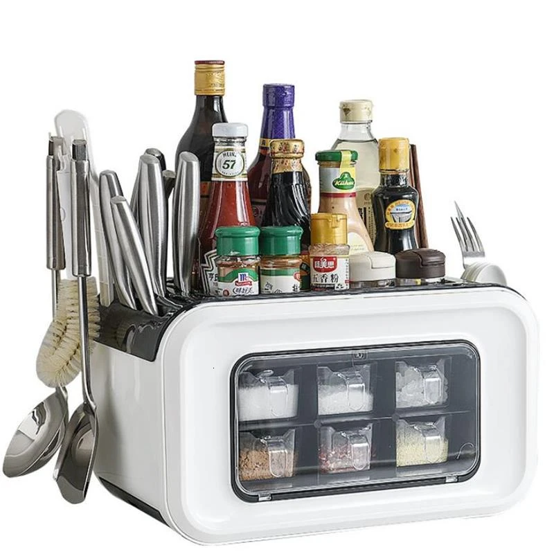 

Kitchen Supplies Storage Holder Knife/Fork/Spoon Spice Storage Rack Seasoning Jar Desktop Multifunction Accessorie Organizer Box