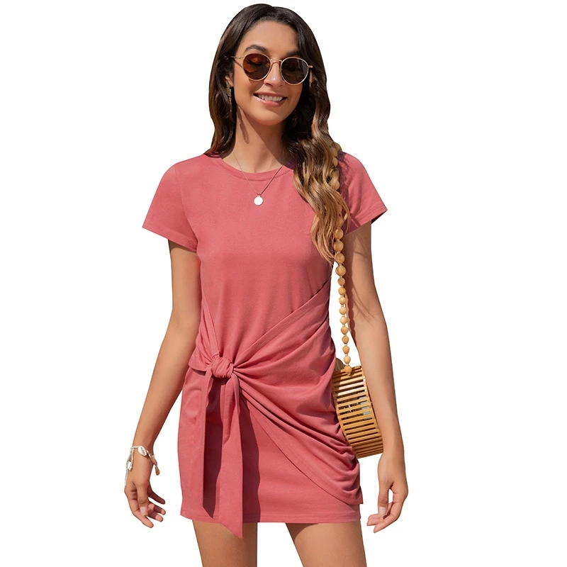 

021 Women's Summer New Round Neck Sexy Knot Short Sleeve Dress