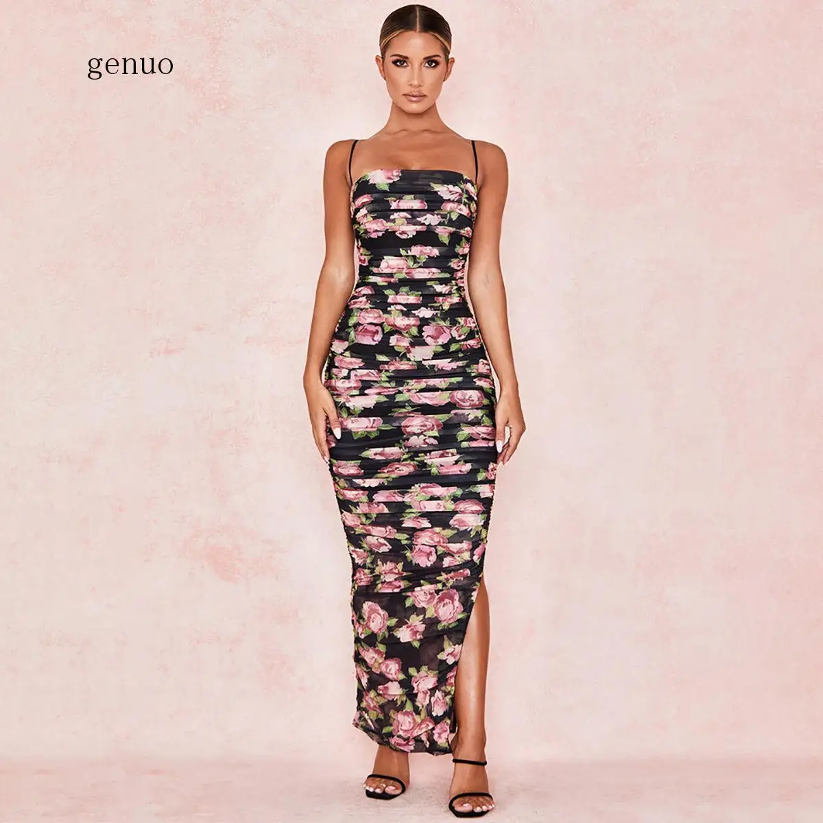 Vintage Floral Print Black Party Dress Off Shoulder Sexy Backless Ruched Split Maxi Women Bodycon Vestidos Robe Femme | Женская одежда