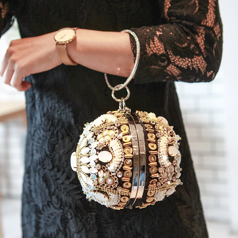 Новая мода Золотая форма боулинг сумки на плечо силивер алмаз и жемчуг бисером