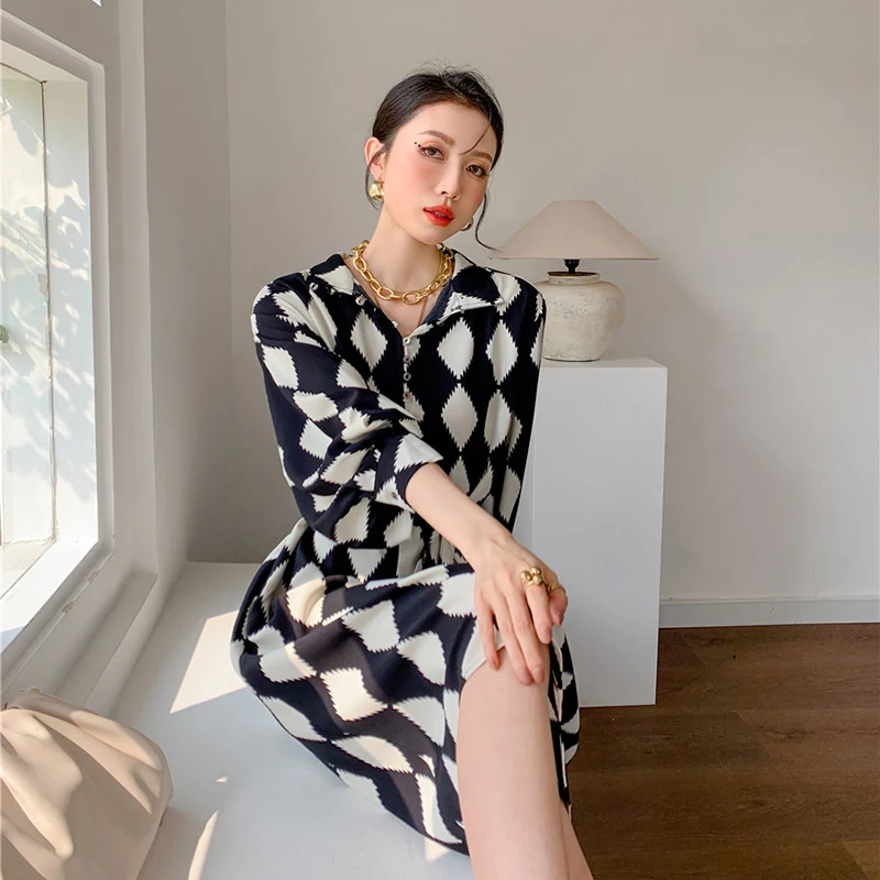

XIZIHUPAN Hit Color Plaid Dress For Women Lapel Long Sleeve Button Bandage High Waist Midi Dresses Female New Clothing 2021 Tide