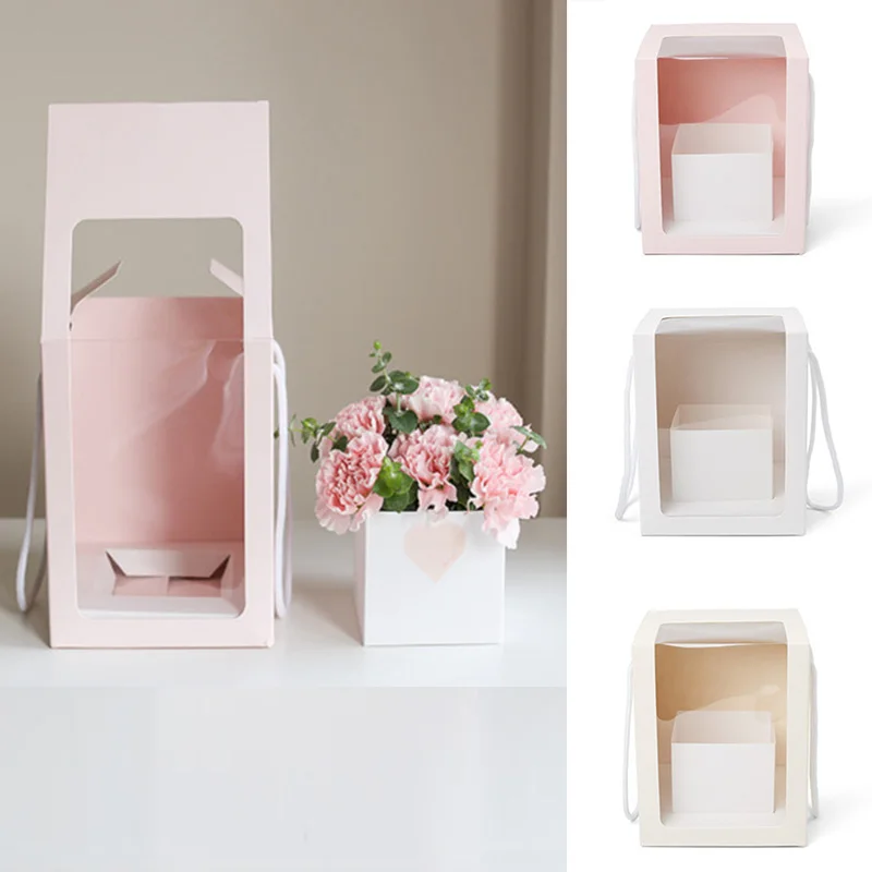 1PC Portable Flower Clear Window Packing Boxes Folding PVC Flower Box Transparent Window Flower Bouquet Gift Packaging Box