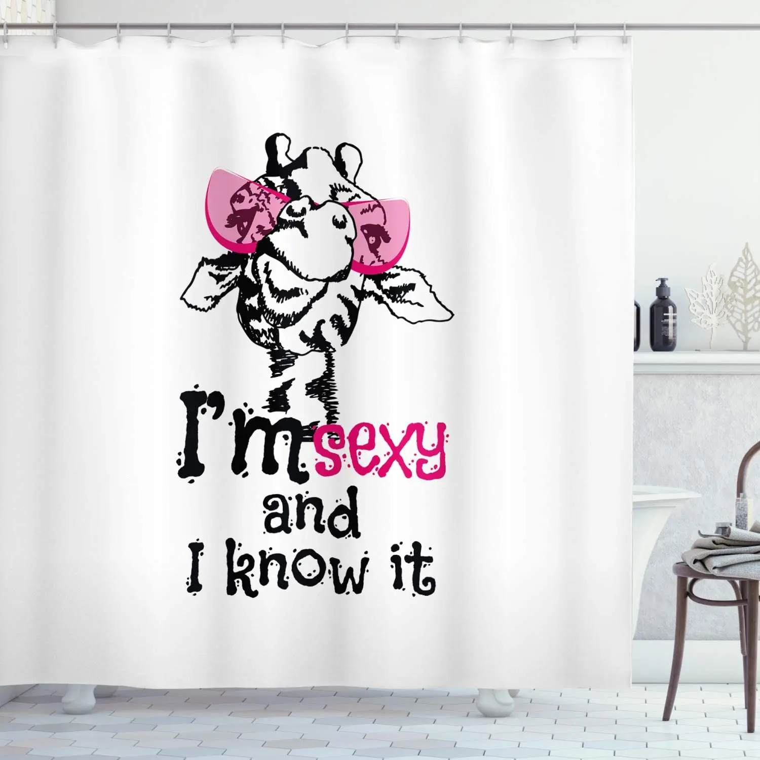 

Giraffe Shower Curtain Funny Animal in Pink Glasses with Whimsical Typography Fashion Image Bathroom Decor Set with Hooks 84"