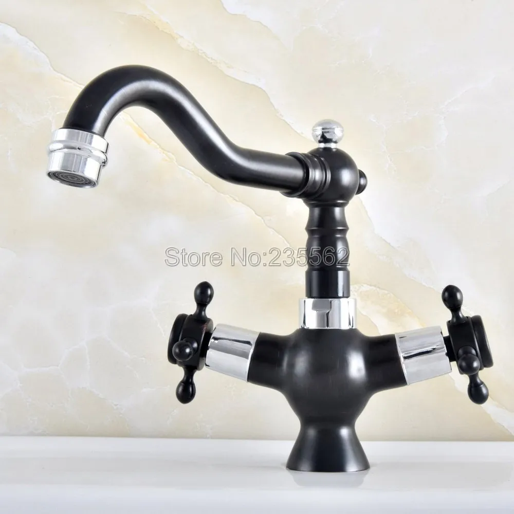 

Chrome Brass & Black Dual Handle Bathroom Faucet Basin Mixer Tap Swivel Deck Mounted Sink Vanity Faucet Lnf491