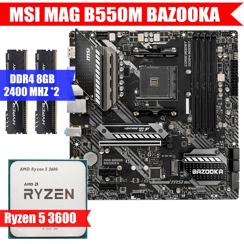 

MSI MAG B550M BAZOOKA & AMD CPU Ryzen 5 3600 ​​&Kingston DDR4 8GB*2 Combination Kit M.2 USB3.0 Socket AM4 M-ATX/5900x/3700x/360
