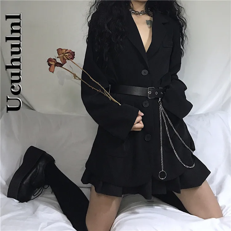 

Ucuhulnl 2021 Office Lady Notched Blazers Long Sleeve Women Autumn Harajuku Oversize Coat Black Medium-long Jacket with Belt