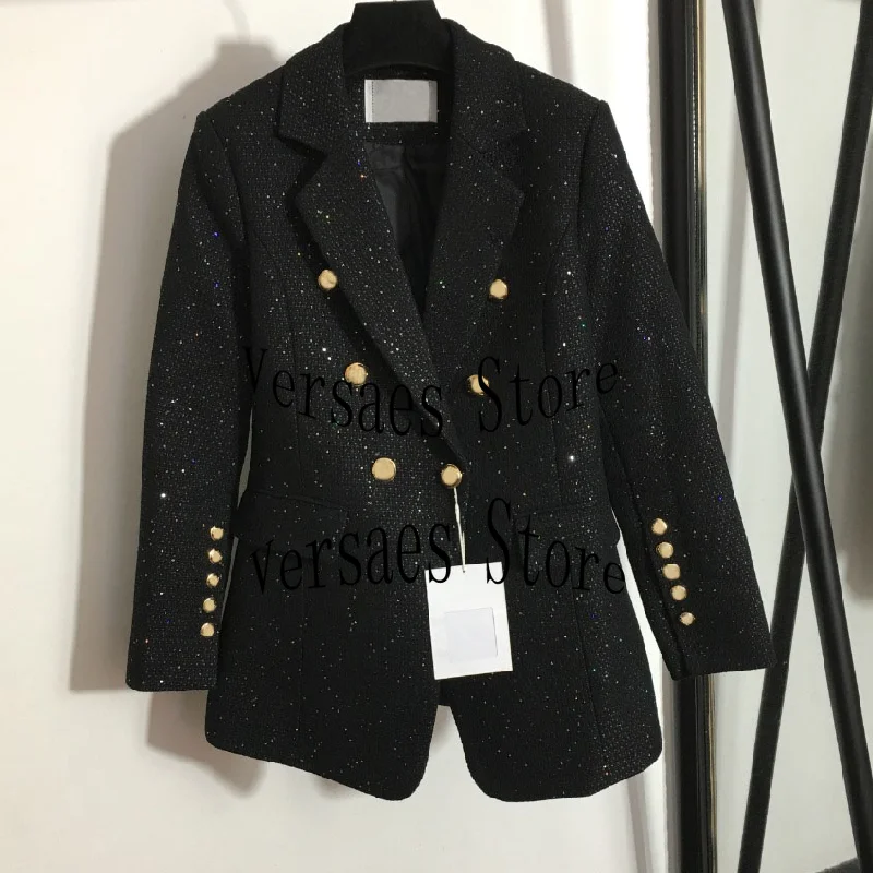 

Женский твидовый костюм с блестками, двубортный пиджак с длинным рукавом, роскошный дизайн 2021