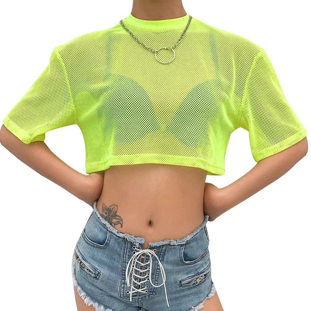 Яркий флуоресцентный зеленый ажурный укороченный топ летний сетчатый