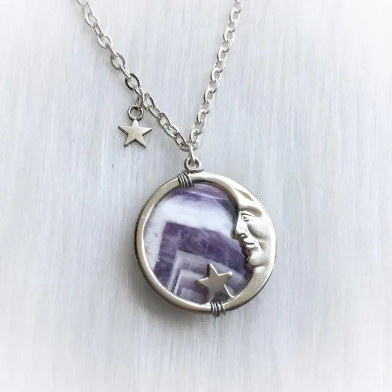Винтажное ожерелье с аметистом и луной подвеска человек в Луне Викка ведьма