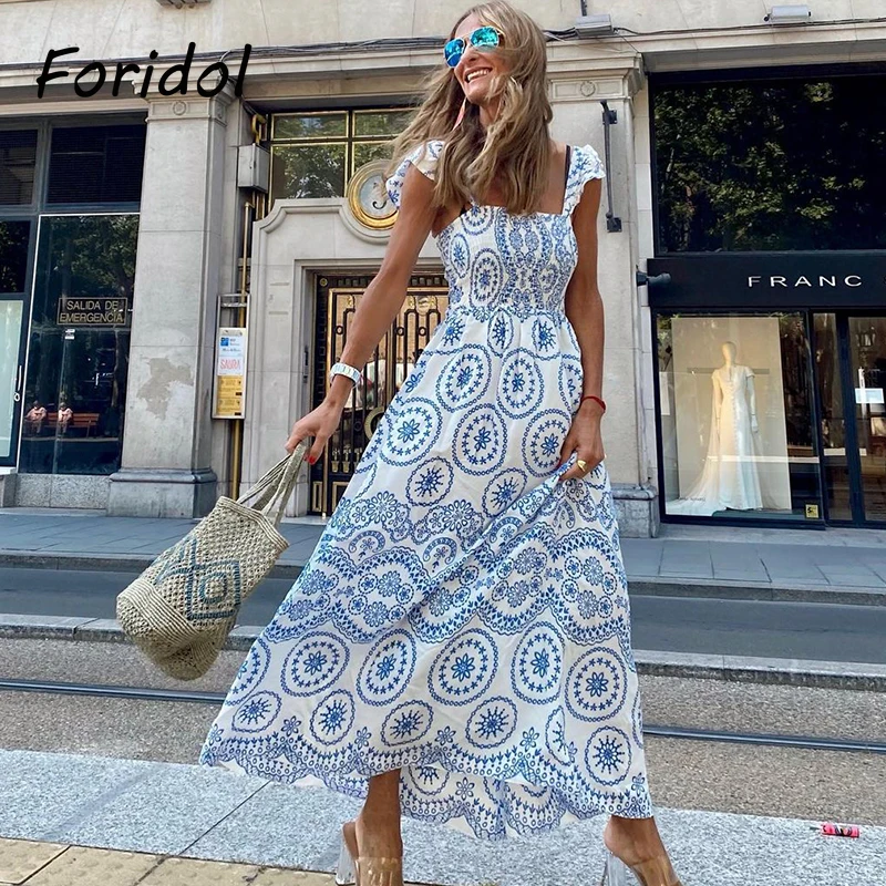 

Foridol Blue Floral Print Summer Beach Dress Women Casual Holiday Ruffle Dress Boho Sundress Maxi Long Vestidos Fashion Clothes