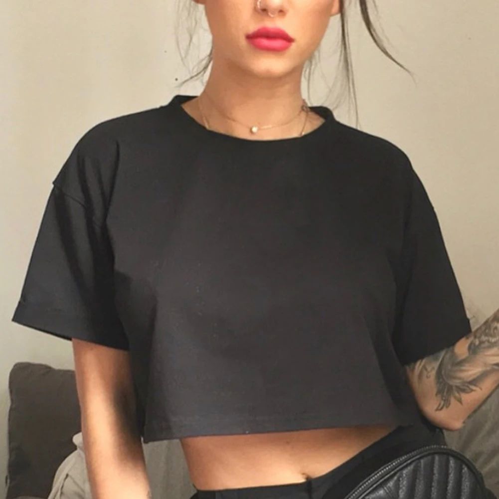 

Female t-shirt 2020 Fashion Women's t shirt Crop Tops Summer Simple Soild tshirt Female Casual Tee Tops O-neck White T shirt