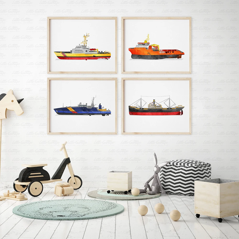 

Nordic Modern Cartoon Ship Canvas Poster Wall Art All Kinds of Ship Picture Print Kids Bedroom Kindergarten Home Decor Frameless