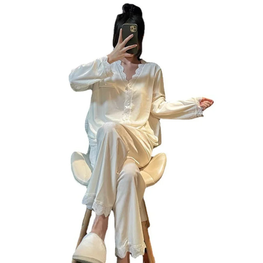 Gold Velvet Pajamas for Women Autumn and Winter Long-sleeved Lace Home Service Ins Sweet Cardigan Suit Women's Pajamas Set