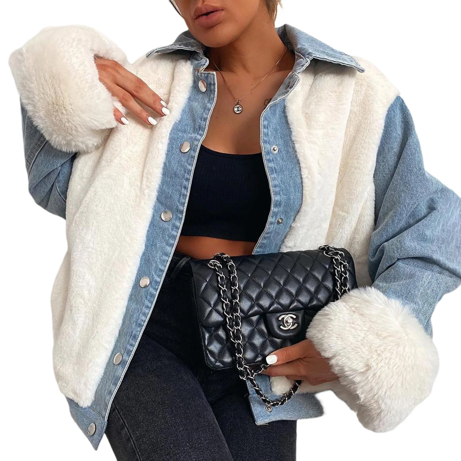 

New Winter Women Plush Denim Jacket Fashion Fleece Patchwork Loose Long Sleeve Lapel Coat Female Streetwear Warm Outwear