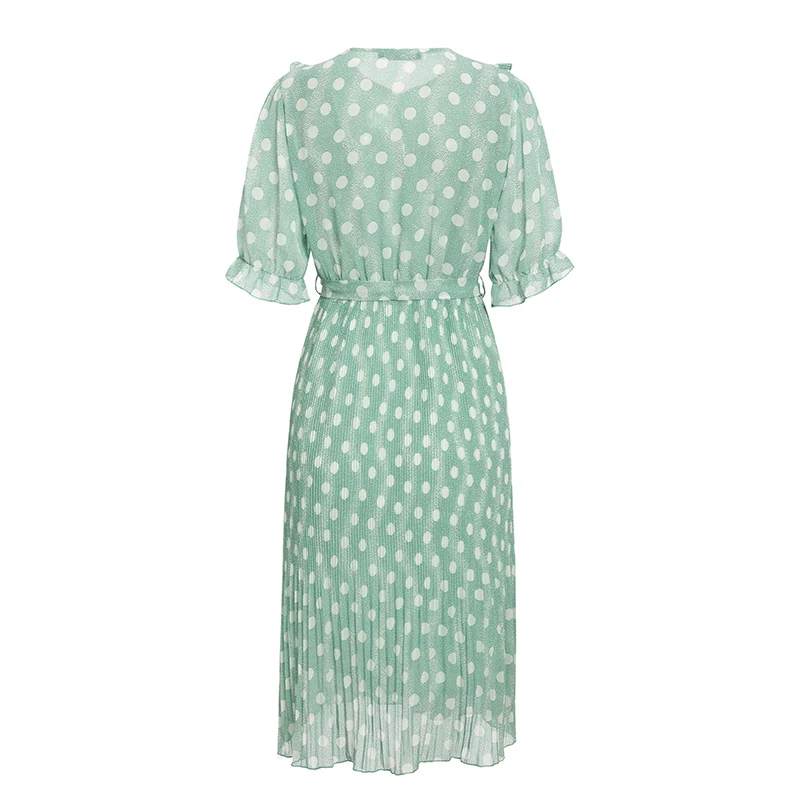 

Long Female Dresses Print Pleated Single Breasted A-Line Women Dress O-Neck Lantern Half Sleeve Lace Up 2021 Korean Lady Clothes