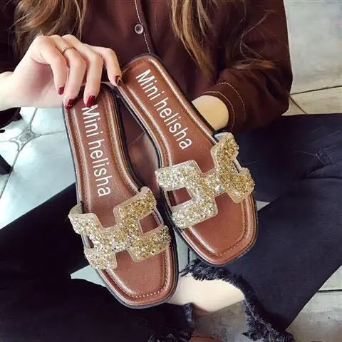 

Slippers, women's summer wear, rhinestones, net red, comfortable casual shoes, female students, Korean flat women's shoes, one-w