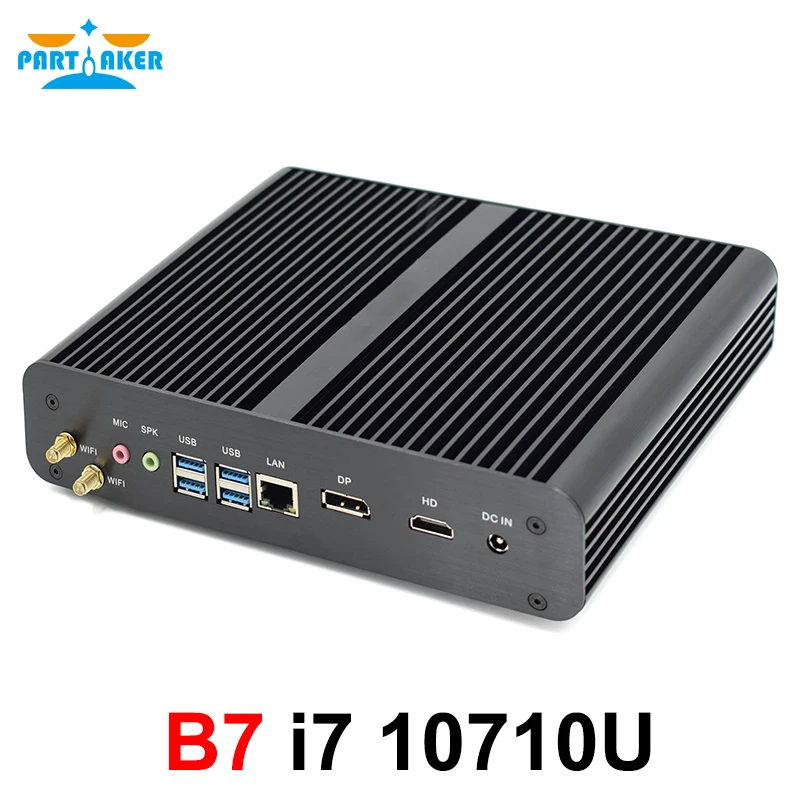 Partaker New Fanless Mini Computer Intel i7 10710U Desktop PC Windows 10 2*DDR4 M.2 NVMe+Msata+2.5''SATA 4K HTPC Nettop HDMI DP