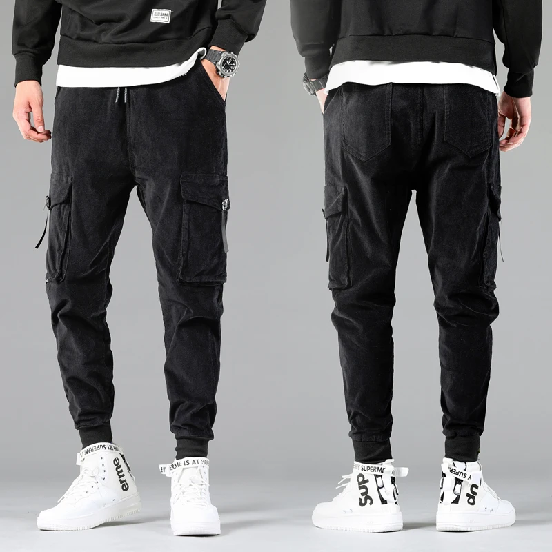 Джинсы мужские вельветовые с множеством карманов винтажные брюки-карго Slim в