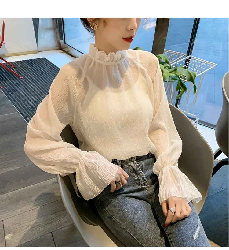 

Woman Simple Transparent Slim Ladies Shirt Ladies Casual Wrinkled Solid Blouses Women Korean Loose Bell Sleeve Chiffon Shirt