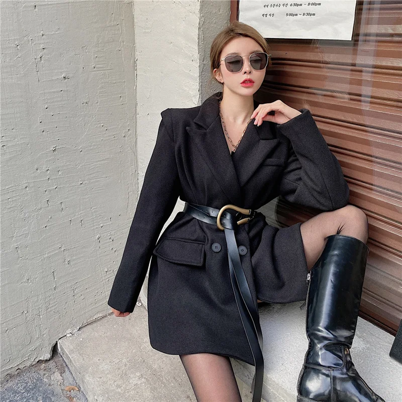 Женский офисный пиджак средней и большой длины двубортный костюм с длинным