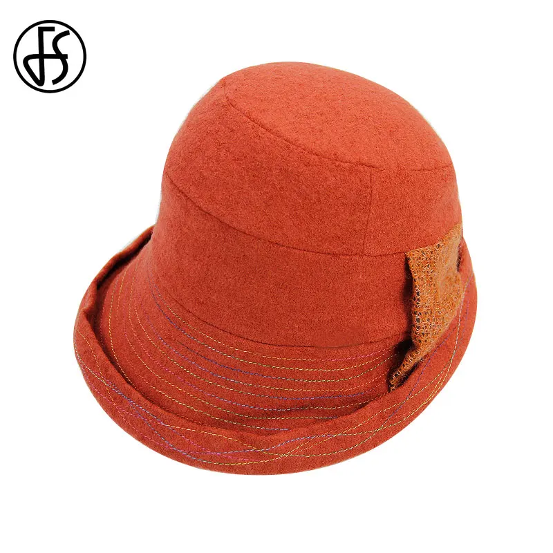 Женская шерстяная шляпа FS складная фетровая с бантом цвета хаки красного
