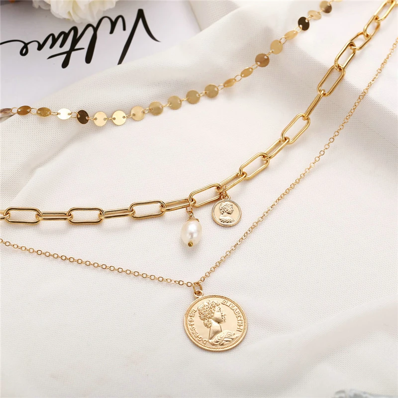 

Punk Coin Avatar Pendant Necklace Women Pearl Choker 3 Layer Clavicle Chain Bohemian Jewelry Party Gift