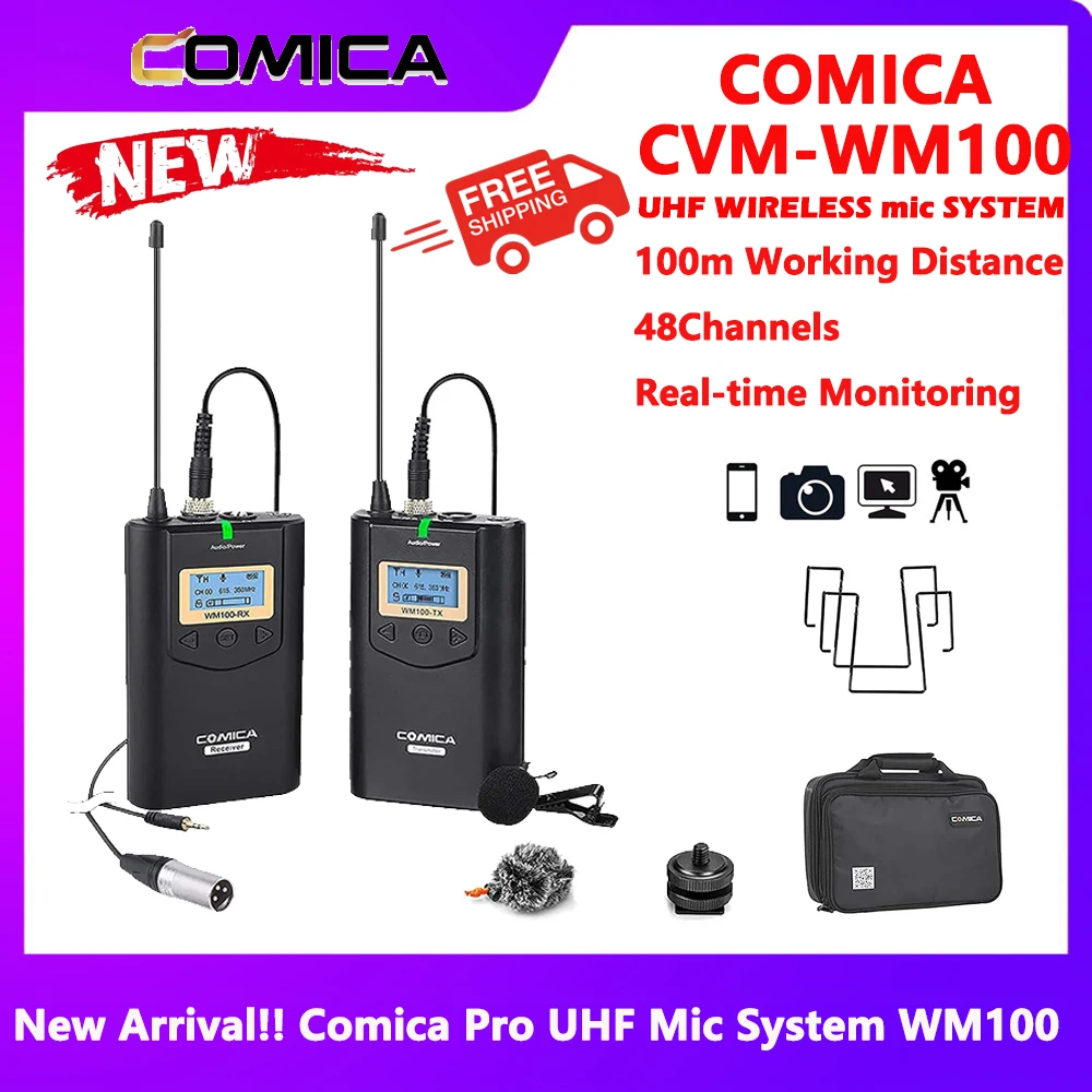 

Comica CVM-WM100 UHF 48 Channels Professional Wireless Lapel Microphone System for Canon Nikon Sony DSLR Cameras and Smartphone