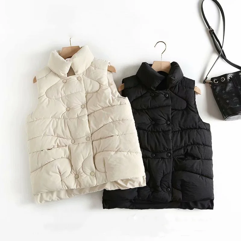Autumn Winter Vest Solid Collar Double-Breasted Cotton Vest Jacket Female Casual Warm Vests Women's Sleeveless Jacket Coat
