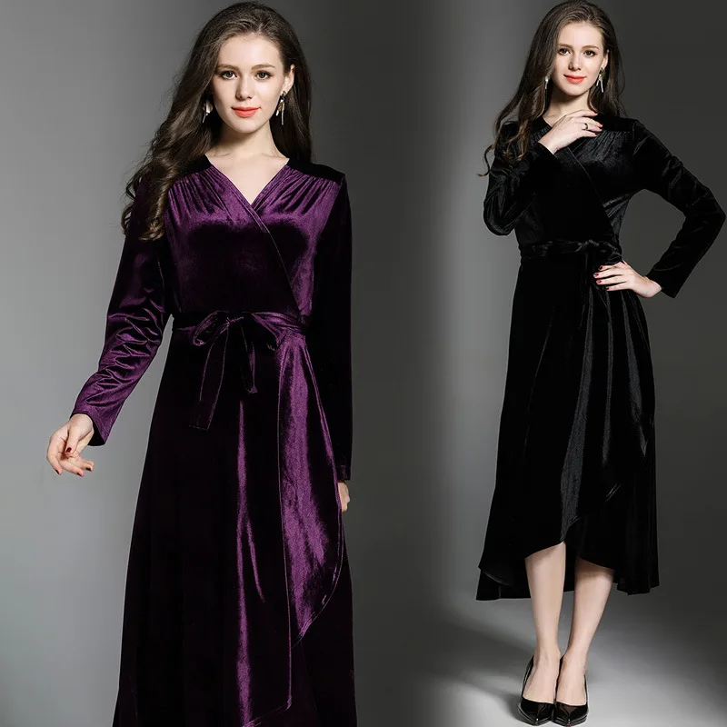 Fashion Purple Black Color Velvet Ruffle Draped V Neck Loose Waist Sashes Mid-Calf Winter Dresses for Women with Long Sleeves