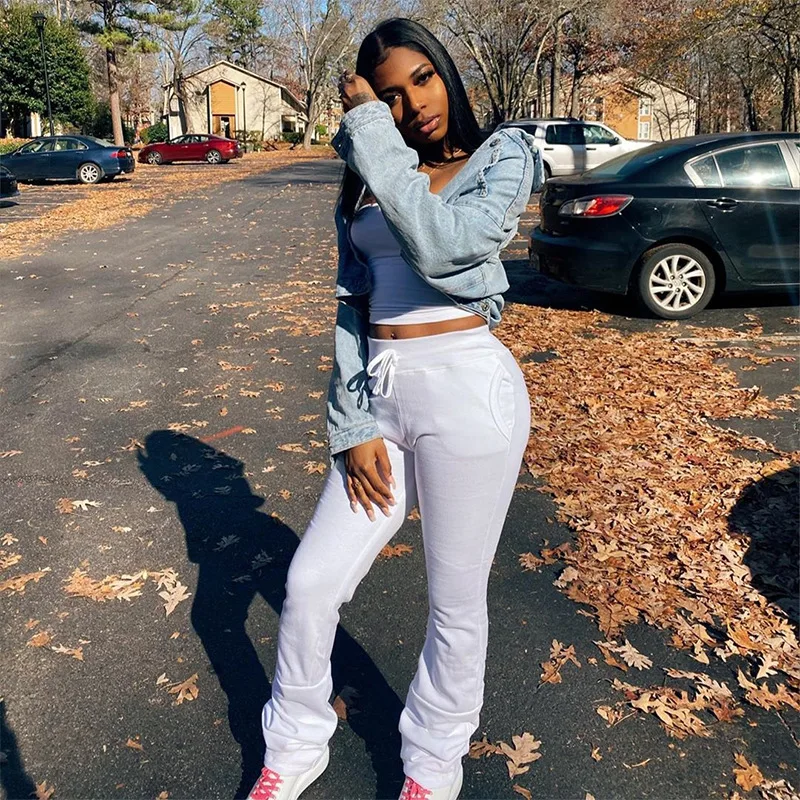 

Fashion Girl Fall Casual Pants Party Sportwear Streetwear Women Autumn Winter Solid Bandage Stacked Leggings Sweatpants