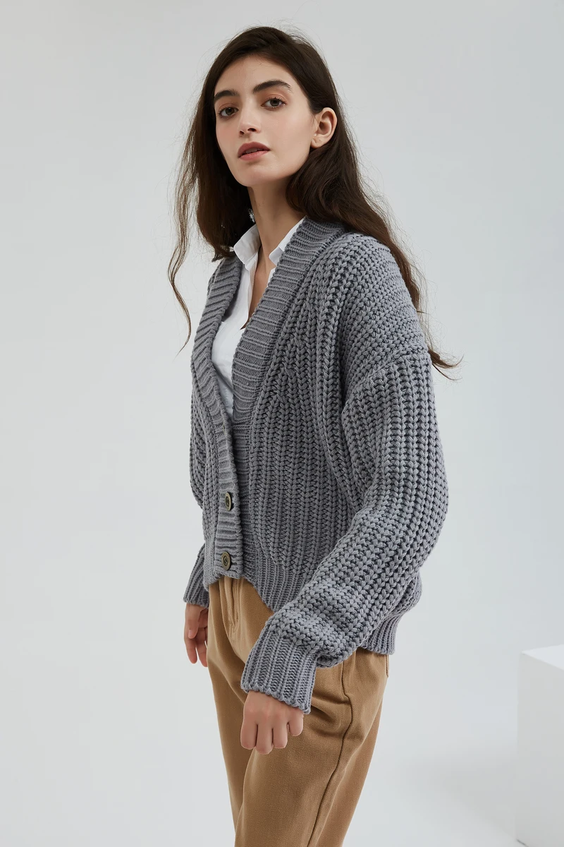 Wixra Knitted Chunky Cardigan Sweater Women Simple Solid Thick Button Clothing Sweater Stylish Tops for Female Autumn Winter