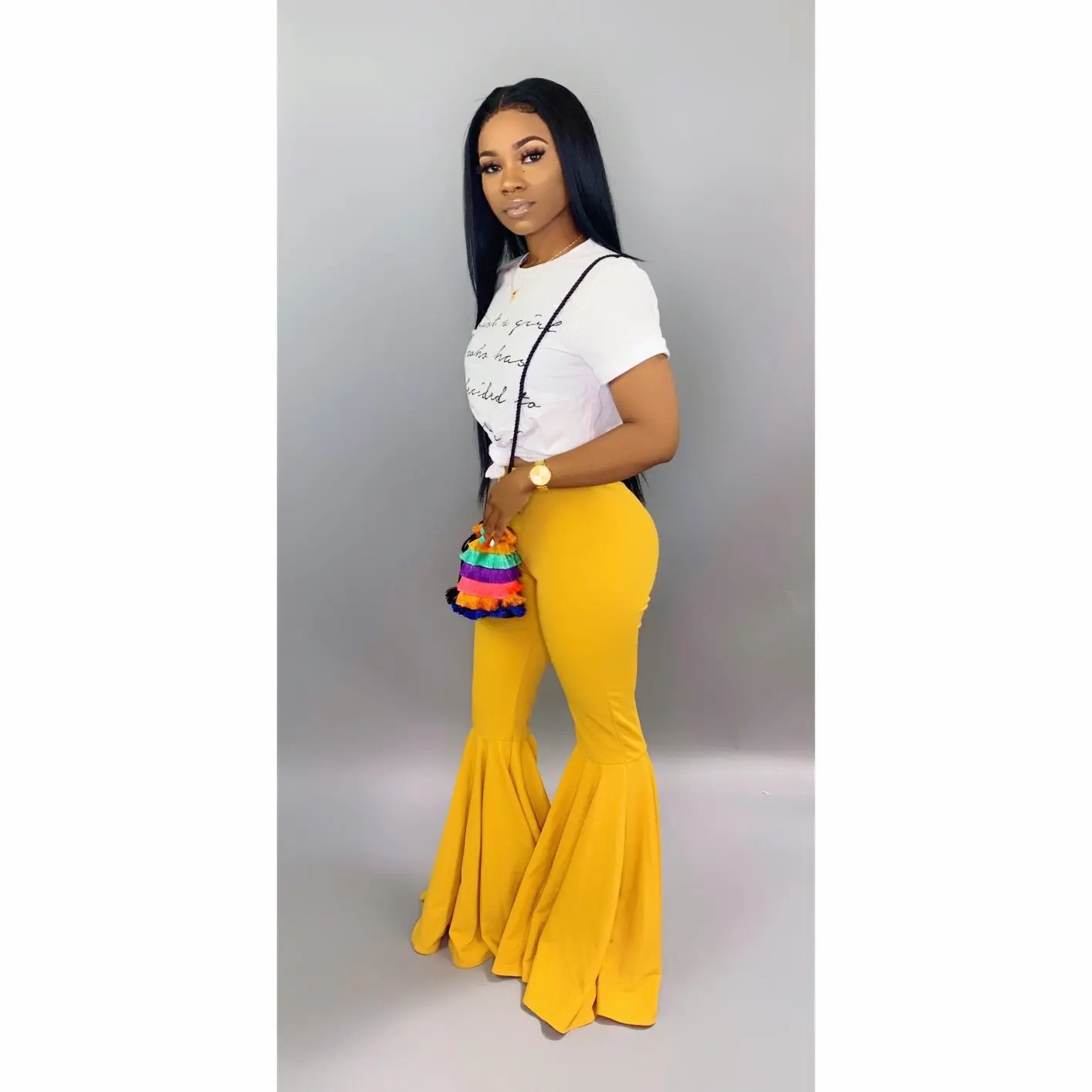 

2020 early autumn sexy lady 7 color solid long trouser elastic high waist skinny flare pants young women daily bell-bottom Pants