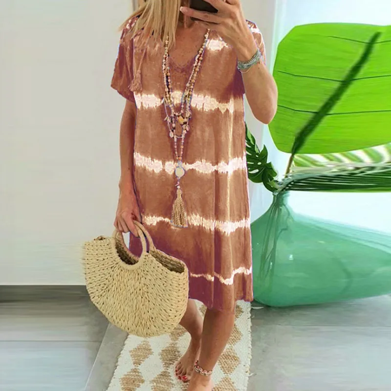 

Plus Size Summer Womens Casual Striped Tie-Dye Print Dress 2020 V Neck Ladies Loose Knee-Length Dress Short Sleeve Midi Dresses