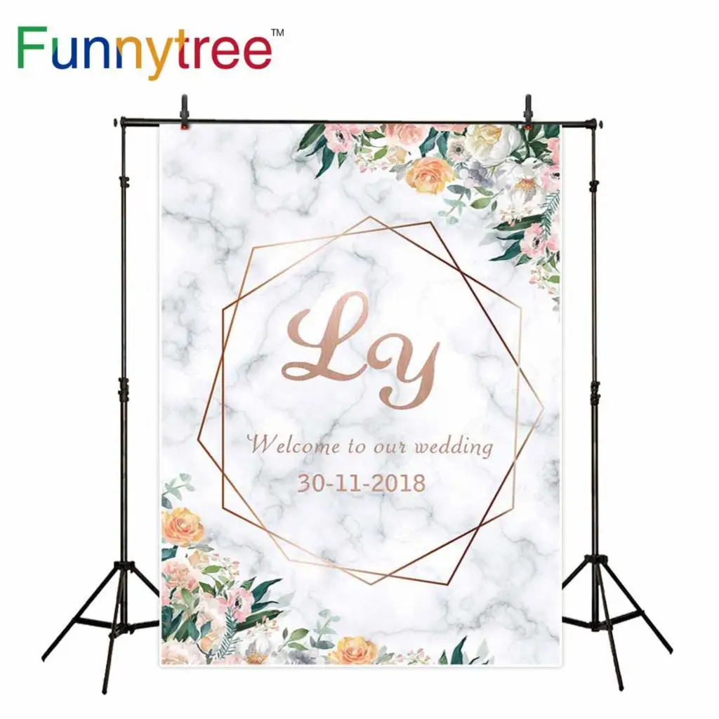 

Funnytree background photography White marble texture Rose gold frame flowers photocall wedding backdrops photophone wallpaper