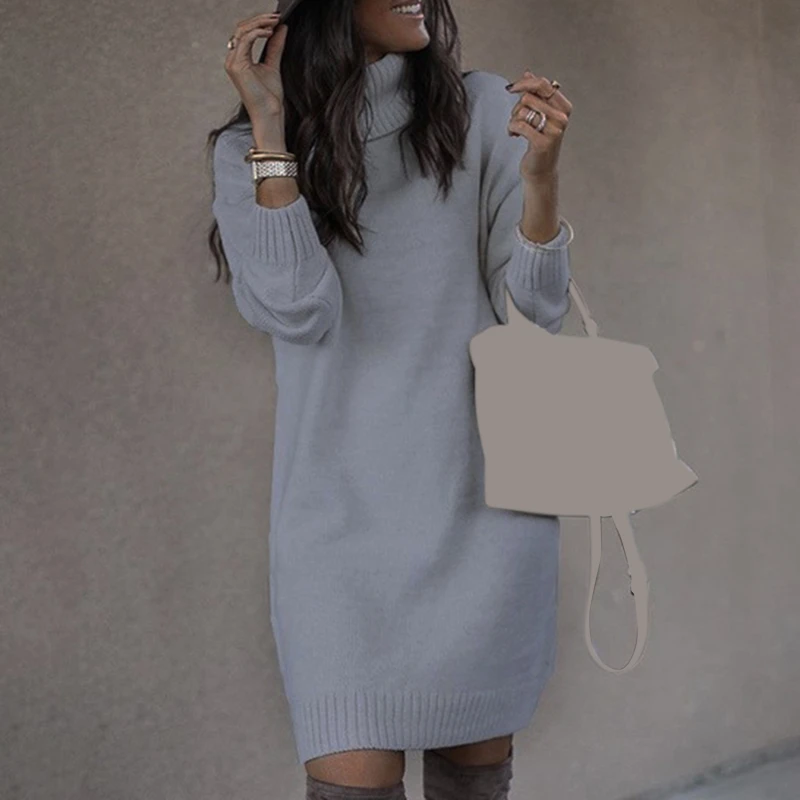 

Women Solid Color Turtleneck Long Sleeve Casual Loose Knitted Sweater Dress Casual Warm Autumn Women's Sweater