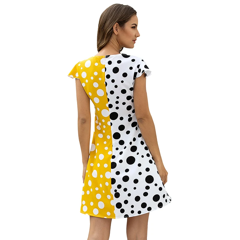 Женское Короткое платье в горошек с V образным вырезом и коротким рукавом|Женские