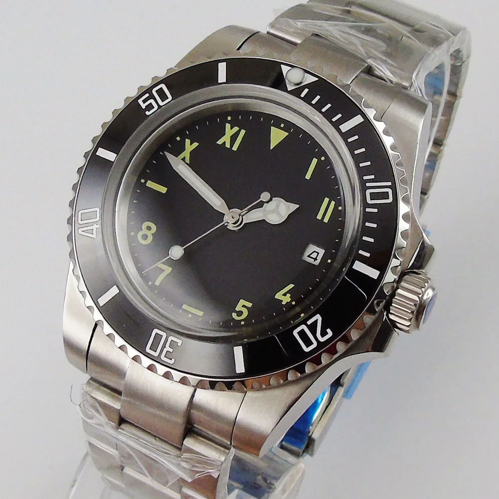 

40MM Black Sterile Dial Domed Glass Ceramic Bezel Mechanical Date 21 Jewels Miyota 8215 Automatic Men's Wristwatch
