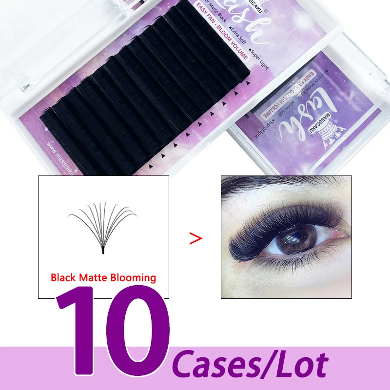 

10case/lot MASSCAKU mink silk blooming fast fan private label C D curl real soft matte black faux mink eyelash extensions