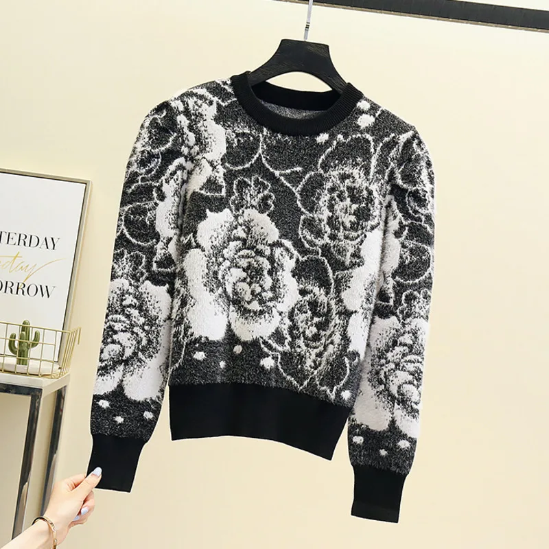 

Fall Winter High Quality Mink Cashmere Soft Pullover Sweater Women Vintage Pull Femme Water Ink Flower Thick Warm Knitted Tops