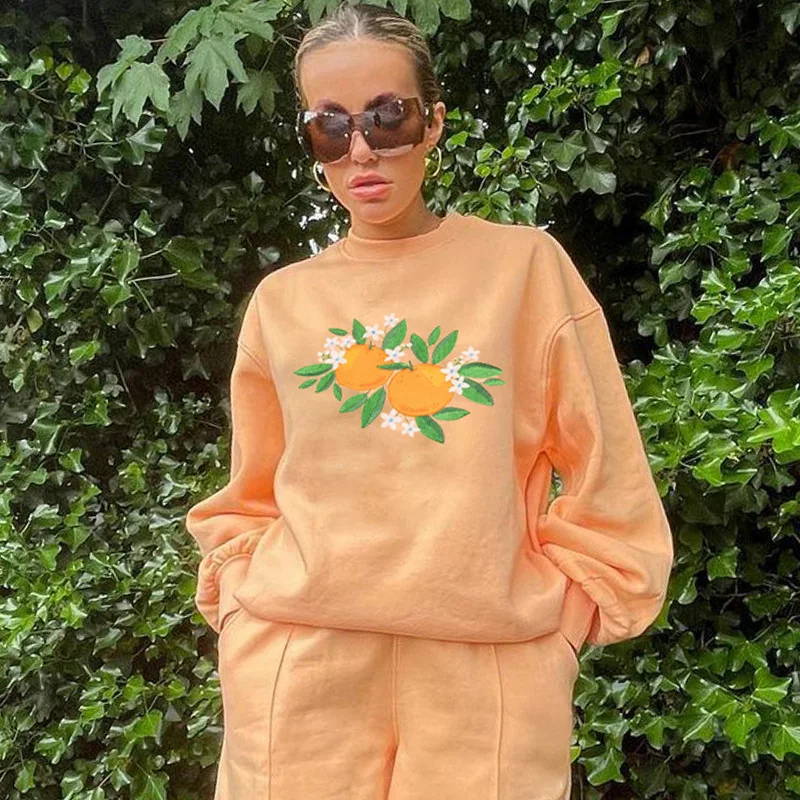 

Fashion Hoodies Casual Orange Pattern Embroidery Long Sleeve Sweatshirts 2021 Winter Casual Women Sweatshirt Loose Pullovers