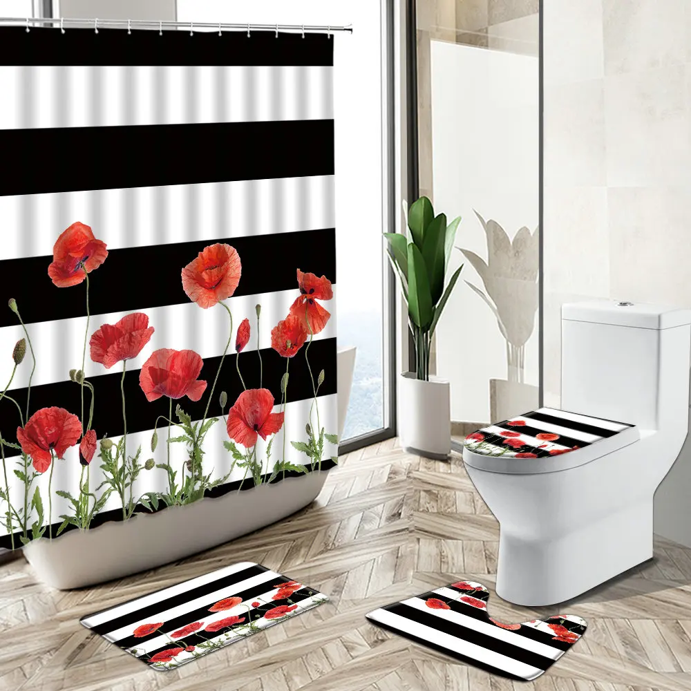 Comprare Red Rose Fiore In Fiore Tenda Per Doccia Papavero Strisce Bianche Nere Arte Creativa Antiscivolo Piedistallo Tappeto Copriwater Set Da Bagno