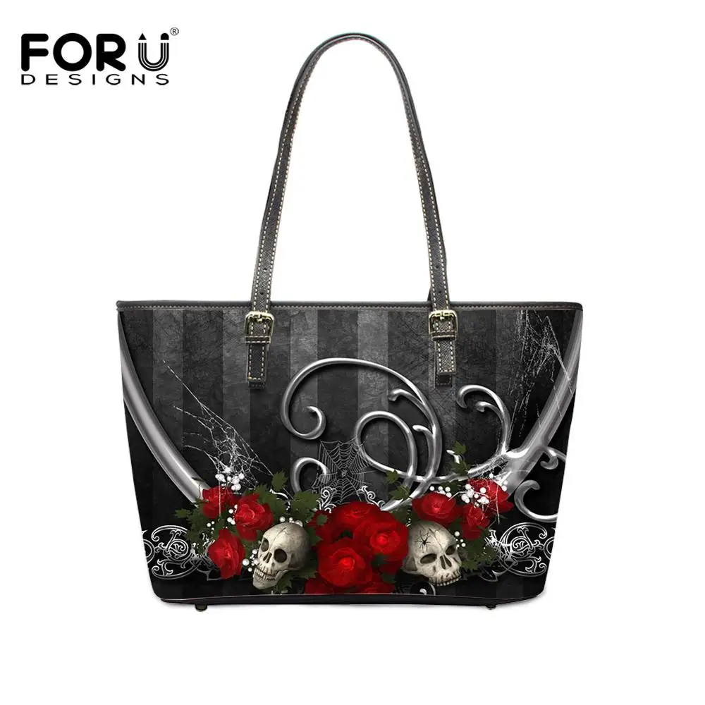 FORUDESIGNS/кожзам сумка в руку для женщин сумки роза с принтом череп женские на плечо