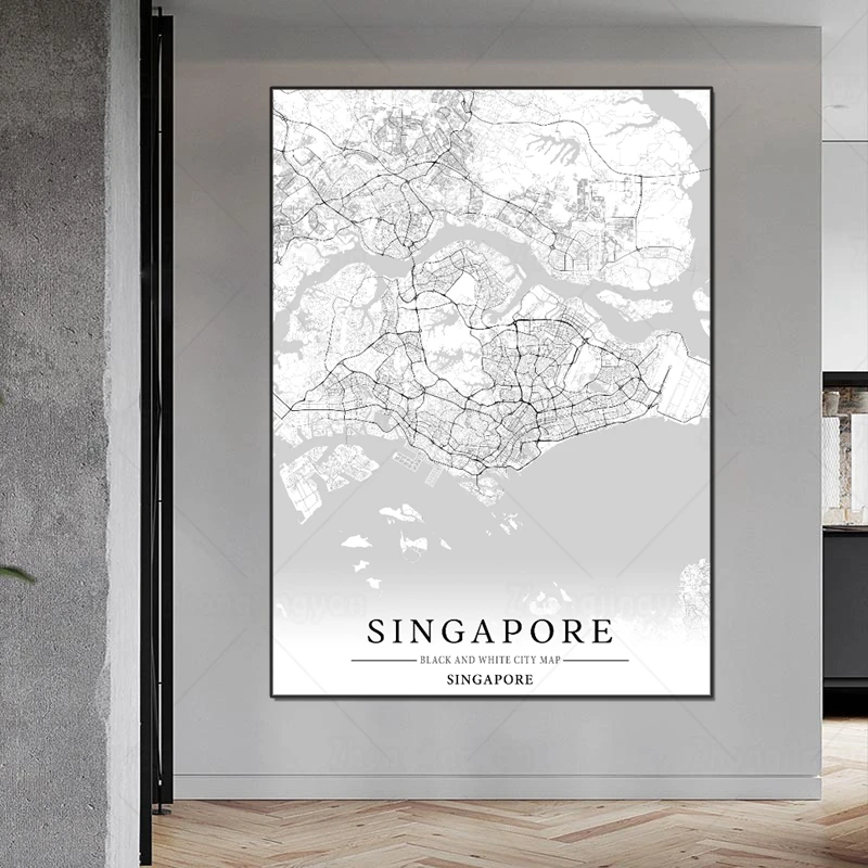 Черно-белая карта города Сингапур плакат HD печать настенная Картина на холсте
