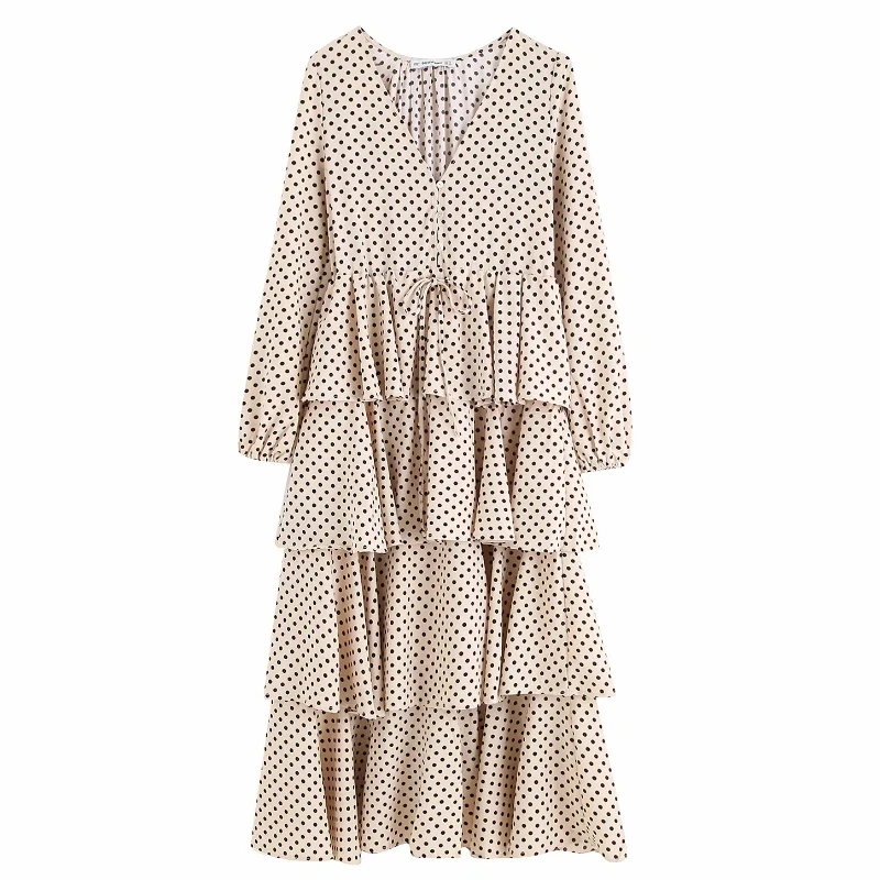 Женское милое платье в горошек, vestidos, каскадные оборки, торт, женское платье-миди, осень, v-образный вырез, бант, завязывается, повседневные тонкие вечерние платья DS2883